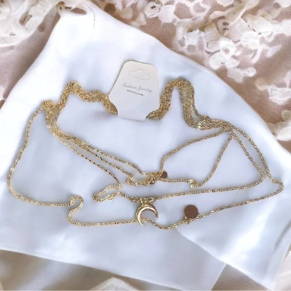 Moon/Disc Pendant, Multi-layer Necklace; Gold - Picture 9 of 10